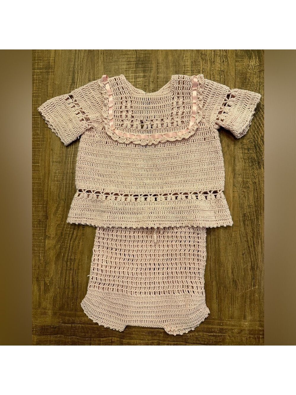 Vintage Baby 2-piece hand crafted knitted/crocheted Pink dress with shorts.